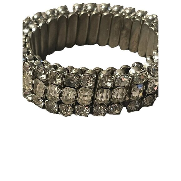 Icy Clear Rhinestone 3 Row Stretch Bangle Bracelet Silver Tone VTG Wedding Prom - Picture 3 of 12